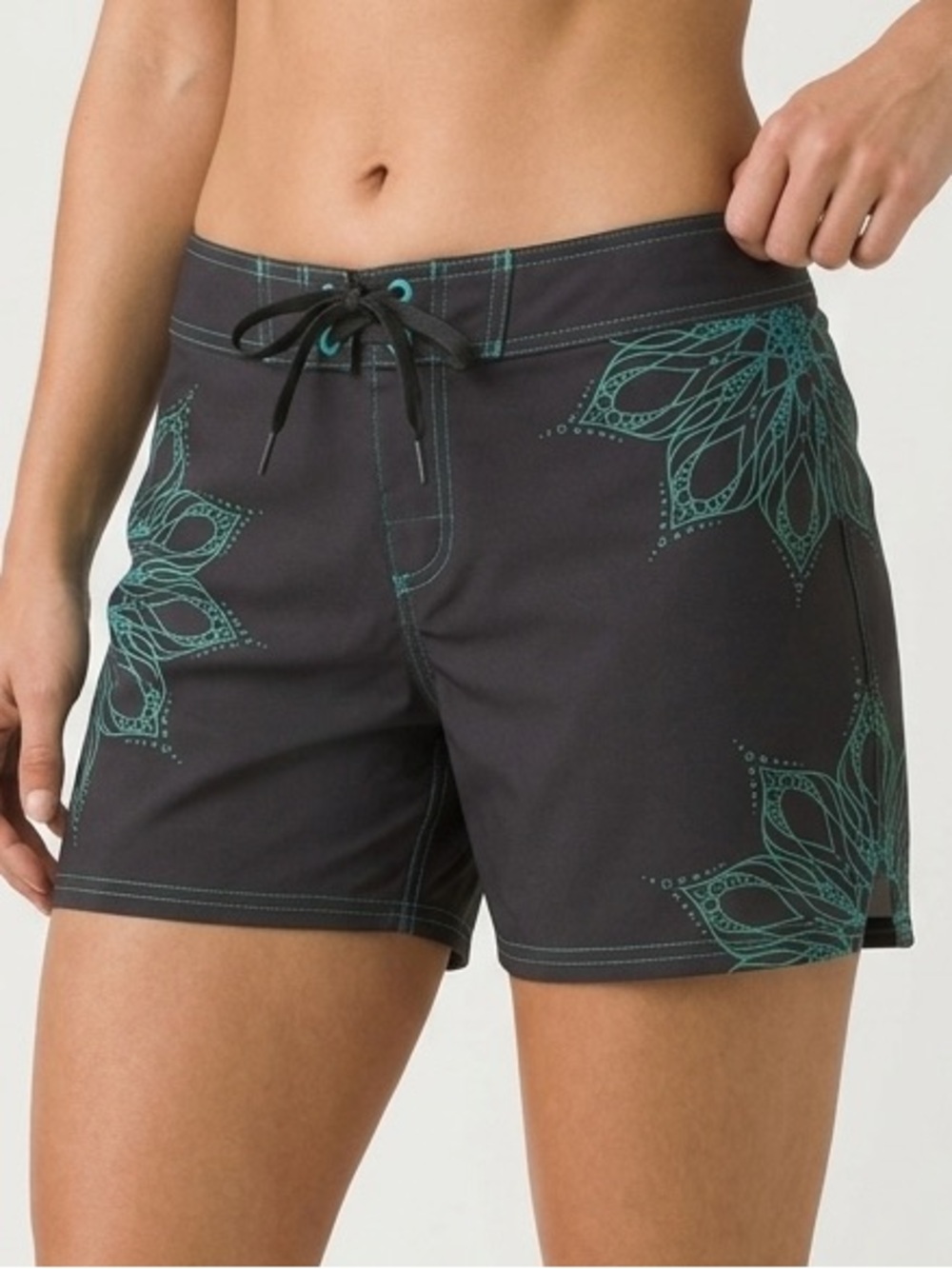 Prana Makenna Black Board Shorts with Teal Floral Mandala Accents